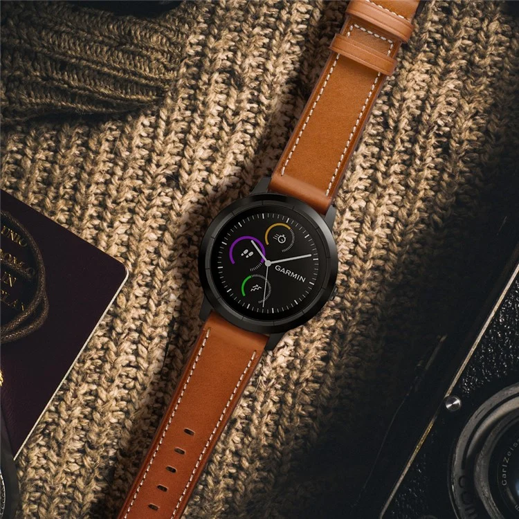 20mm Top-layer Genuine Leather Watch Strap Replacement for Garmin Vivoactive 3/Vivomove HR - Brown
