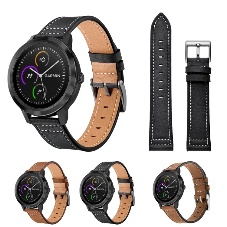 Para Garmin Vivoactive 3/Vivomove HR Top-layer Cowhide Leather Silver Buckle Watch Strap 20mm - Negro