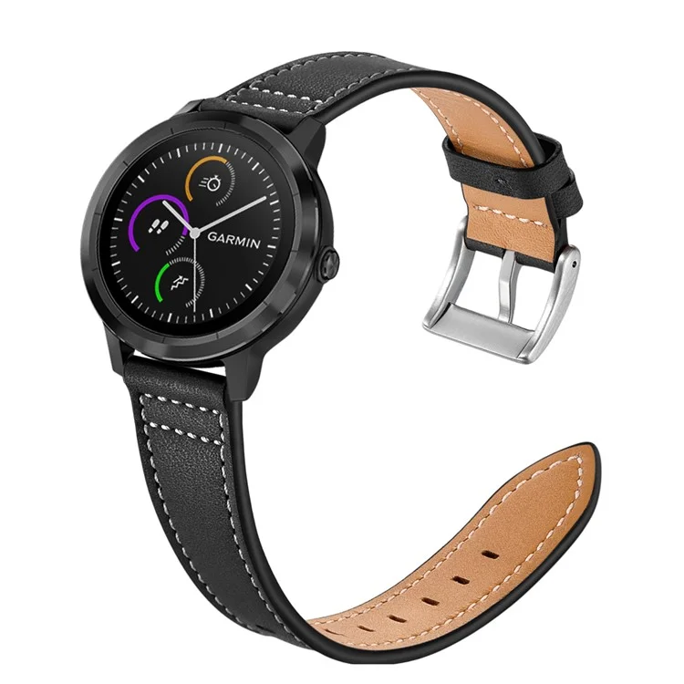 Para Garmin Vivoactive 3/Vivomove HR Top-layer Cowhide Leather Silver Buckle Watch Strap 20mm - Negro