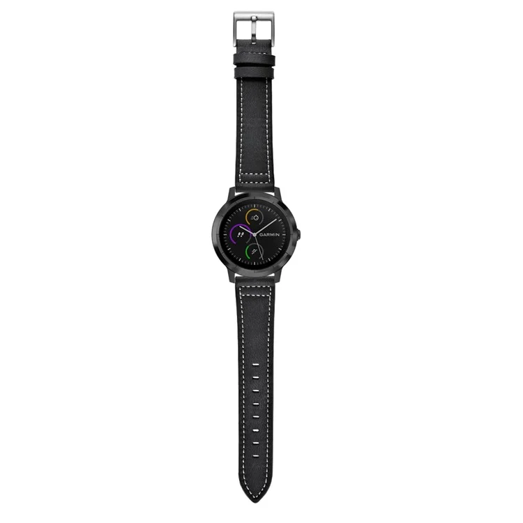 For Garmin Vivoactive 3/Vivomove HR Top-layer Cowhide Leather Silver Buckle Watch Strap 20mm - Black