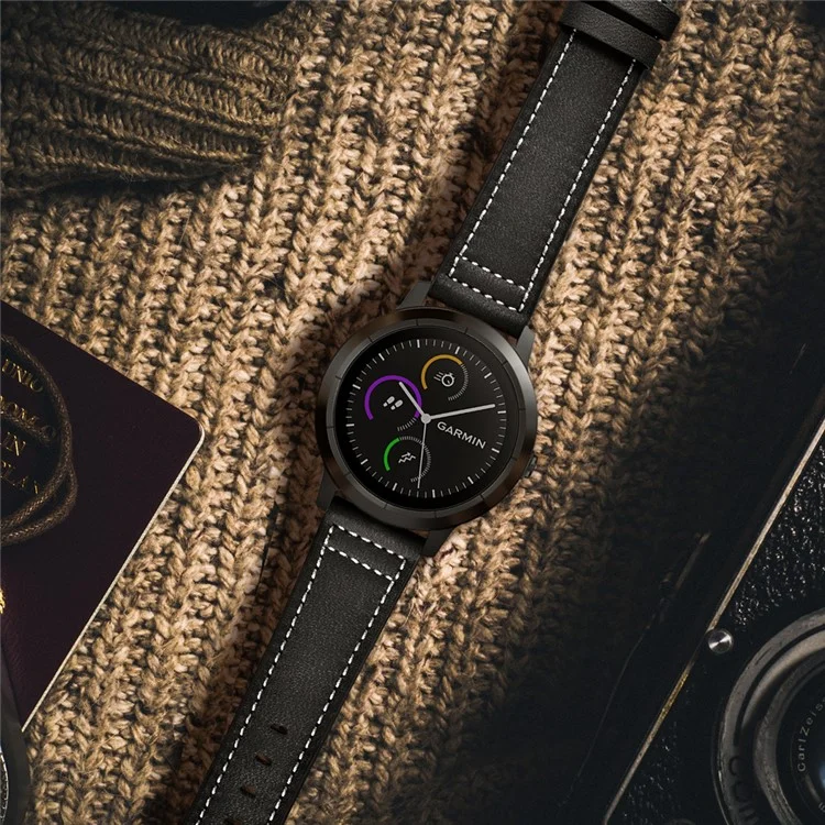 Para Garmin Vivoactive 3/Vivomove HR Top-layer Cowhide Leather Silver Buckle Watch Strap 20mm - Negro