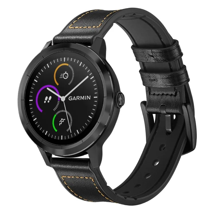 Pulseira de couro genuíno de silicone revestida de 20 mm para smartwatch Garmin Vivoactive 3/Vivomove HR - Preto