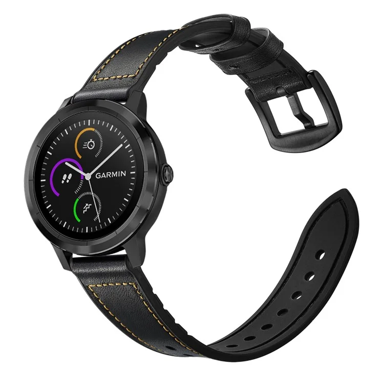 Pulseira de couro genuíno de silicone revestida de 20 mm para smartwatch Garmin Vivoactive 3/Vivomove HR - Preto