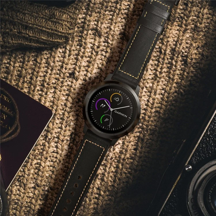 Pulseira de couro genuíno de silicone revestida de 20 mm para smartwatch Garmin Vivoactive 3/Vivomove HR - Preto