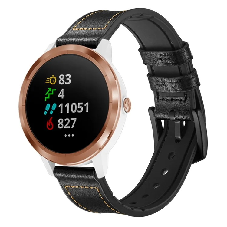 Pulseira de couro genuíno de silicone revestida de 20 mm para smartwatch Garmin Vivoactive 3/Vivomove HR - Preto