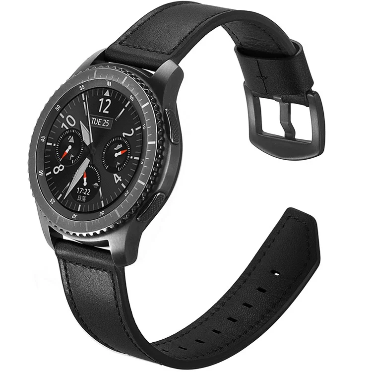 For Samsung Gear S3 Classic/S3 Frontier Genuine Leather Watch Strap Replacement Band 22mm - Black