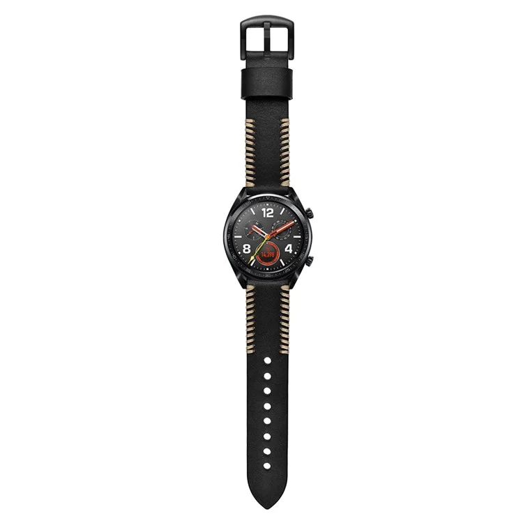 22mm Ribs Style Genuine Leather Watch Strap for Huawei Watch GT / GT 2 46mm / Honor Magic - Black
