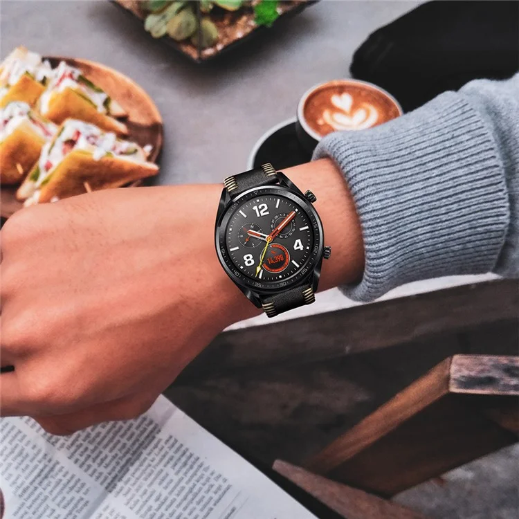 22mm Ribs Style Genuine Leather Watch Strap for Huawei Watch GT / GT 2 46mm / Honor Magic - Black