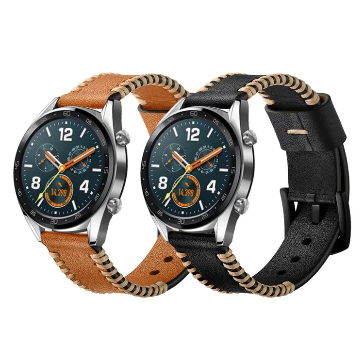 22mm Ribs Style Genuine Leather Watch Strap for Huawei Watch GT / GT 2 46mm / Honor Magic - Black