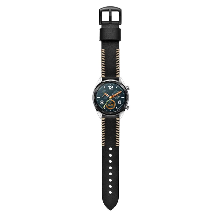 22mm Ribs Style Genuine Leather Watch Strap for Huawei Watch GT / GT 2 46mm / Honor Magic - Black