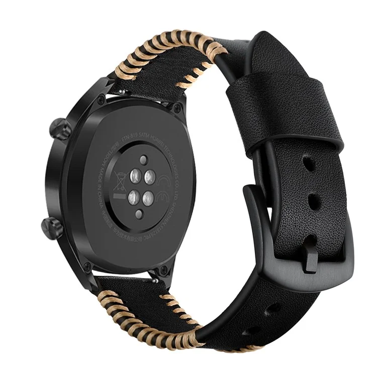22mm Ribs Style Genuine Leather Watch Strap for Huawei Watch GT / GT 2 46mm / Honor Magic - Black