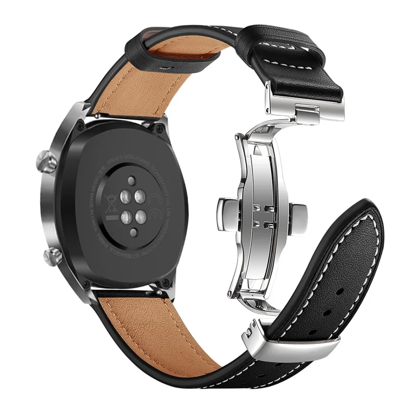 22mm Genuine Leather Watch Strap Replacement for Huawei Watch GT1 / 2 / Watch Magic - Black+Silver