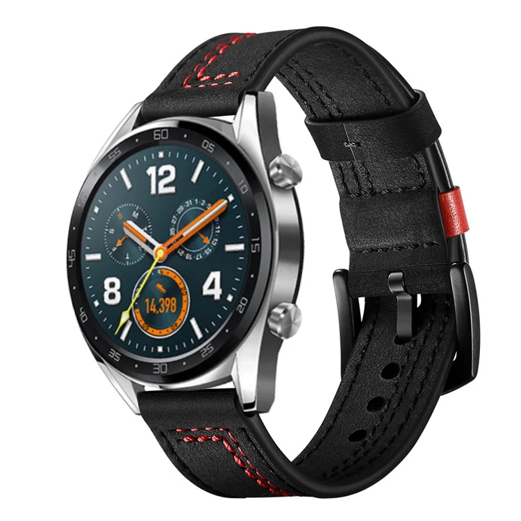 22mm Genuine Leather Smart Watch Strap Replacement with Stitching Decor for Huawei Watch GT1 / 2 / Watch Magic - Black