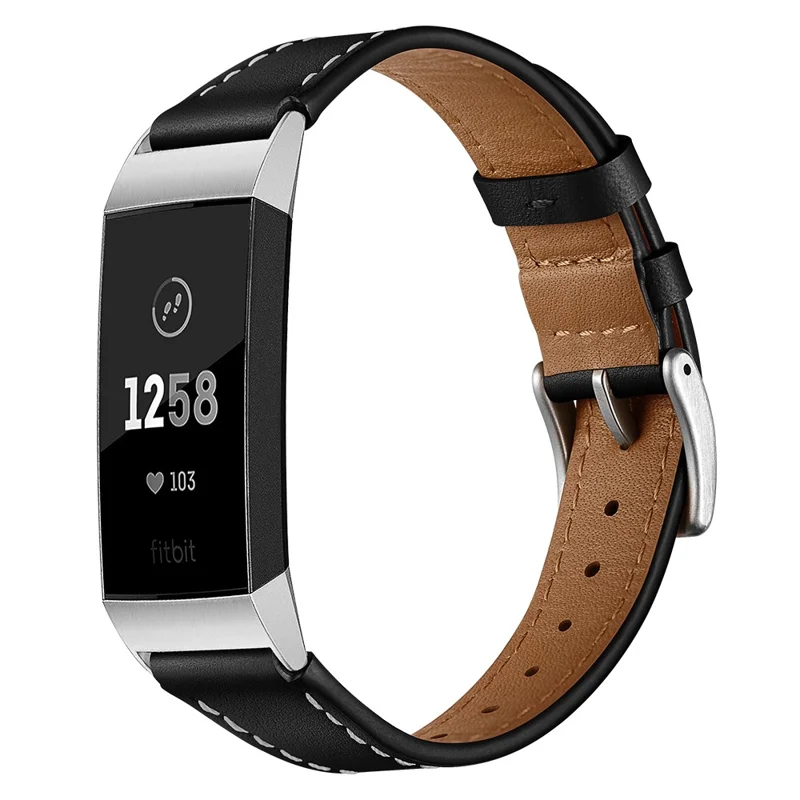 Pointed Tail Design Genuine Leather Replacement Smart Watch Band Wrist Strap for Fitbit Charge 4 / 3 - Black