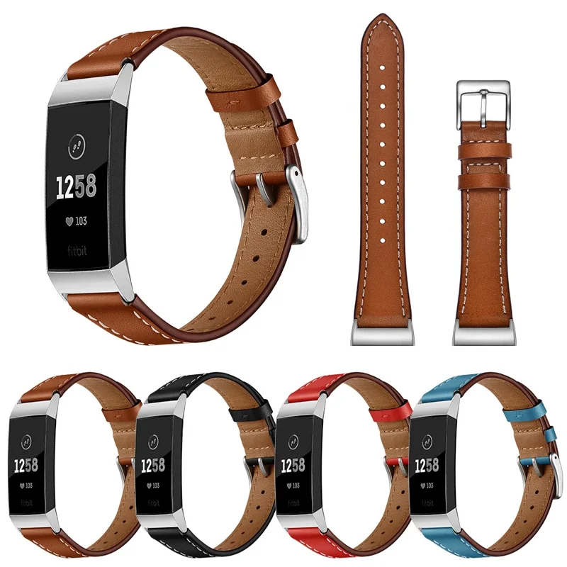 Pointed Tail Design Genuine Leather Replacement Smart Watch Band Wrist Strap for Fitbit Charge 4 / 3 - Black