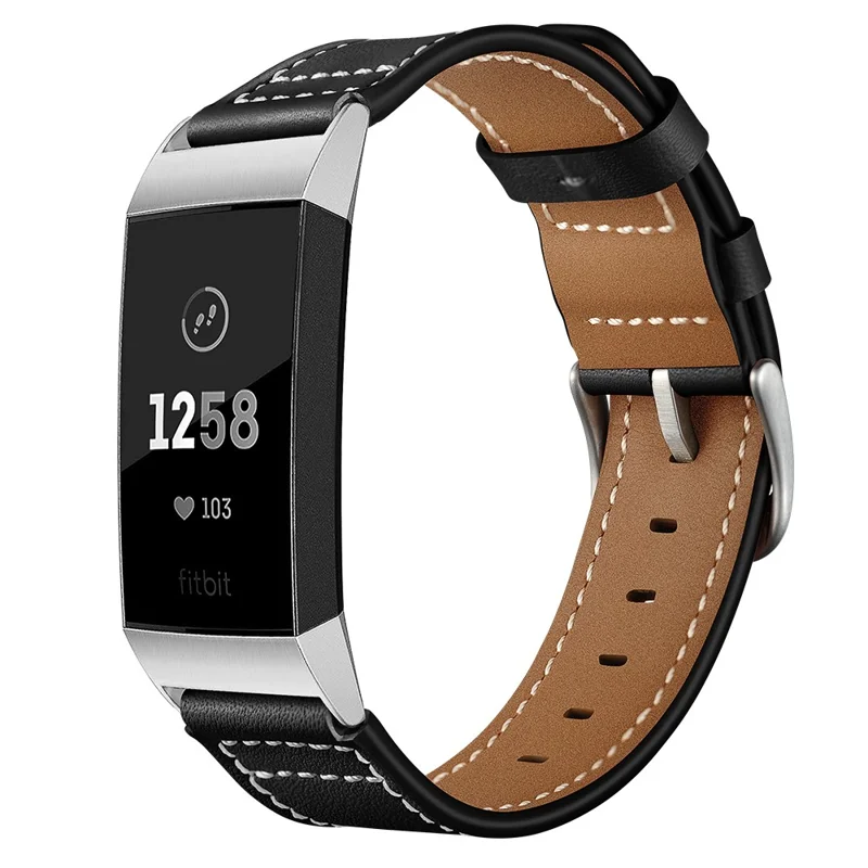 Genuine Leather Coated Smart Watch Band Strap for Fitbit Charge 4 / 3 - Black