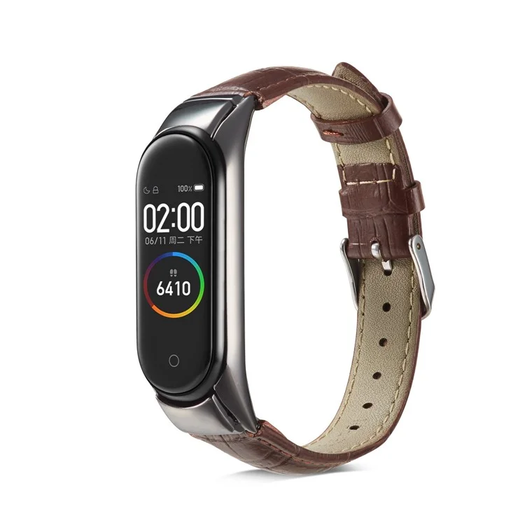 Crocodile Texture Genuine Leather Watch Strap for Xiaomi Mi Band 3 / Mi Smart Band 4 - Brown
