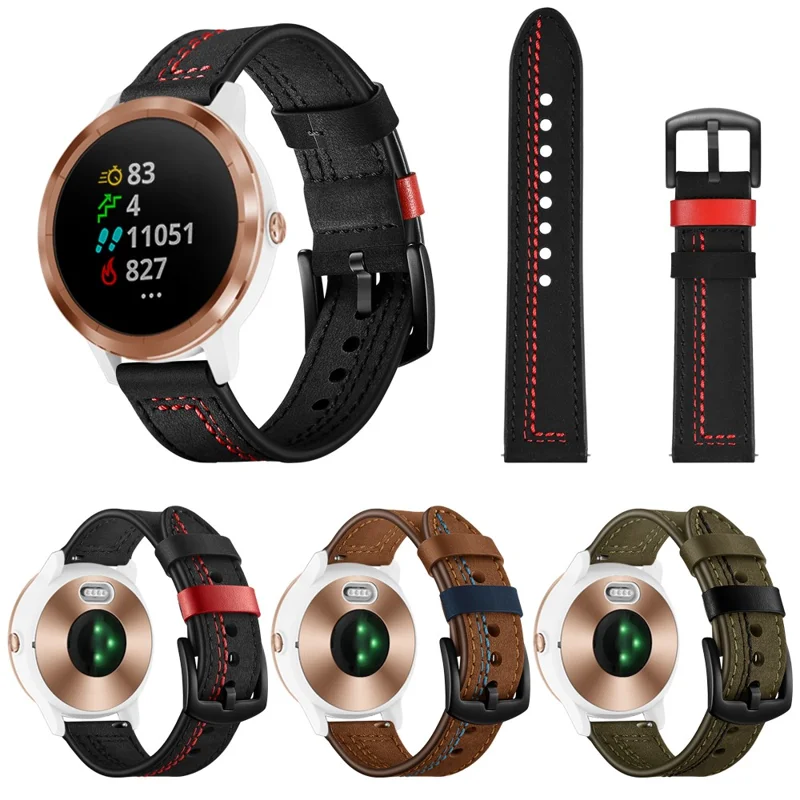 20 mm Nähdesign Echtes Leder -handgelenk Bandgurt Ersatz Für Garmin Vivoactive3 / Vivomovehr - Schwarz