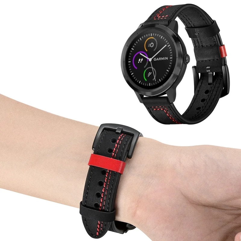 20 mm Nähdesign Echtes Leder -handgelenk Bandgurt Ersatz Für Garmin Vivoactive3 / Vivomovehr - Schwarz