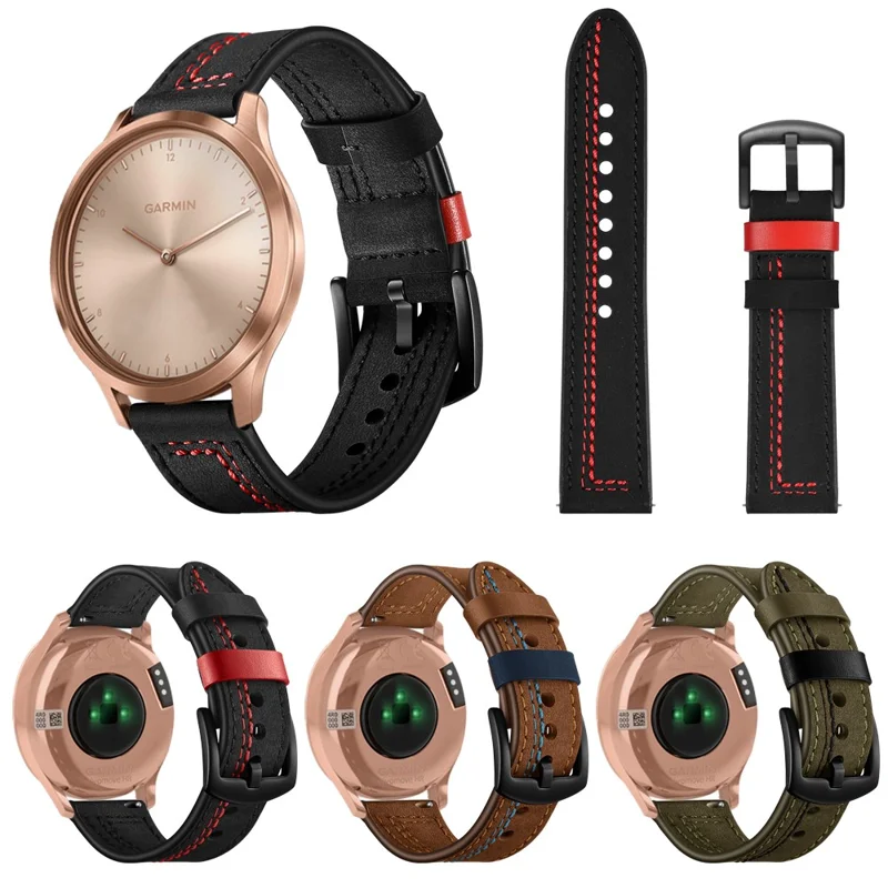 20 mm Nähdesign Echtes Leder -handgelenk Bandgurt Ersatz Für Garmin Vivoactive3 / Vivomovehr - Schwarz