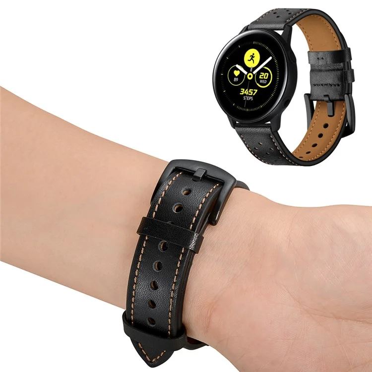 20mm Quality Genuine Leather Watch Band Replacement for Samsung Galaxy Watch4 Classic 46mm 42mm/Galaxy Watch4 44mm 40mm/Galaxy Watch Active 2/1 - Black