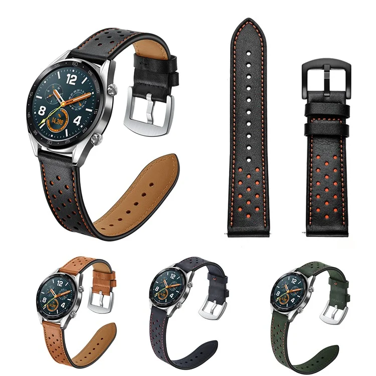 Per Huawei Watch GT 2/1 Con Buchi in Vera Fascia di Orologi in Pelle di Mucca 22mm - Nero