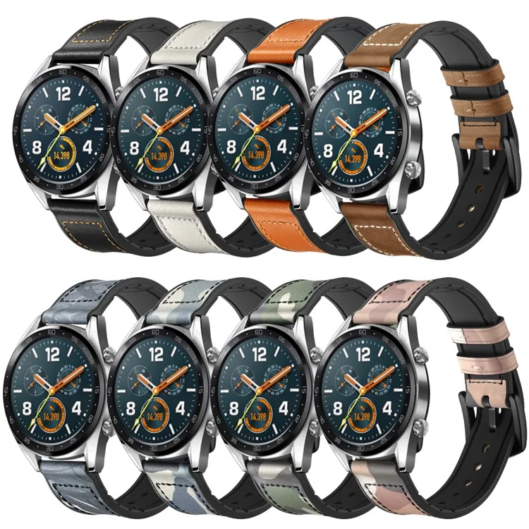 22mm Echtes Lederschicht Silikon 22mm Uhrengurt Für Huawei Uhr GT 2/1 / Ehre Magie - Schwarz