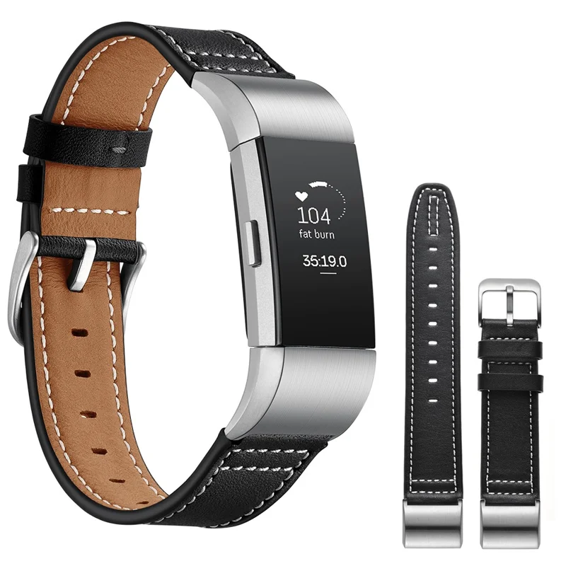 Genuine Leather Coated Watch Band for Fitbit Charge 2 - Black