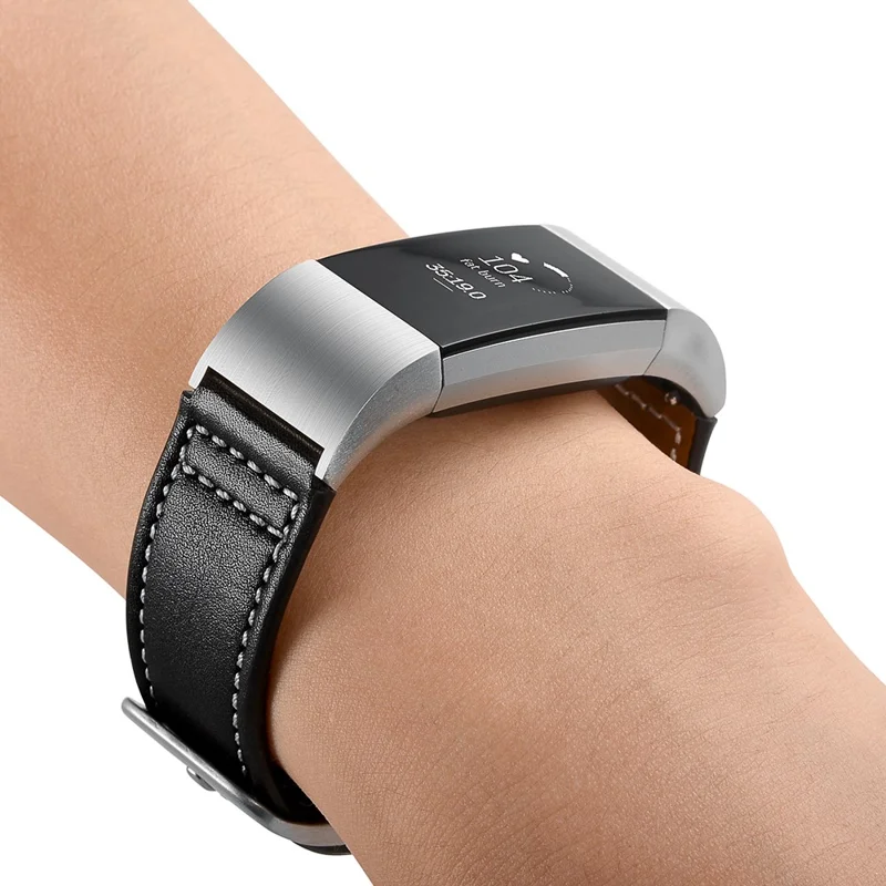Genuine Leather Coated Watch Band for Fitbit Charge 2 - Black
