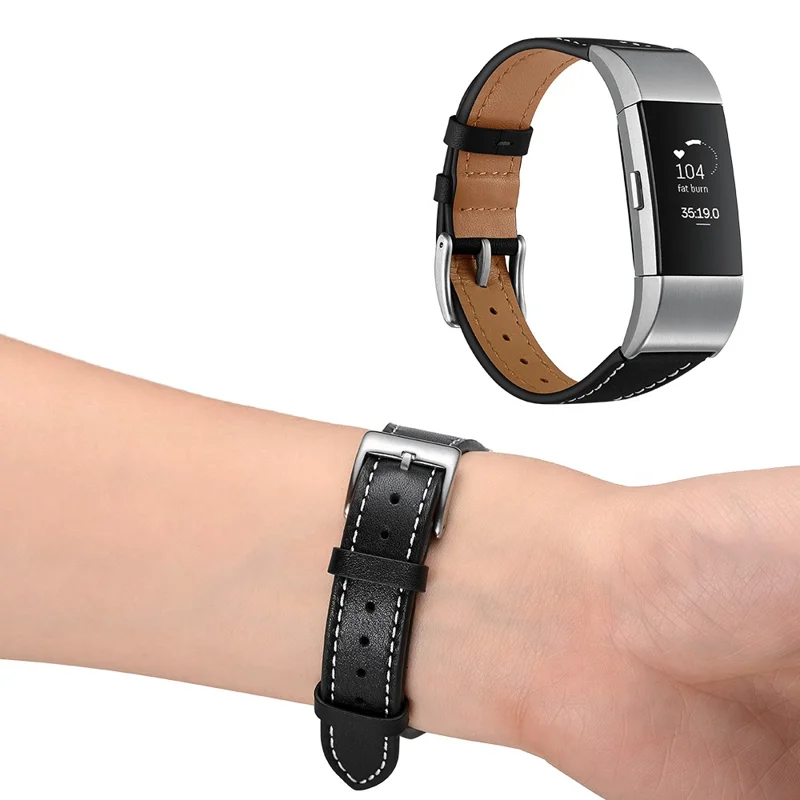 Genuine Leather Coated Smart Watch Band for Fitbit Charge 2 - Black