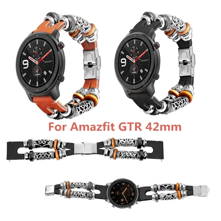 20mm Handmade Cowhide Leather Bead DIY Retro Watch Strap for Amazfit GTR 42mm etc. - Black