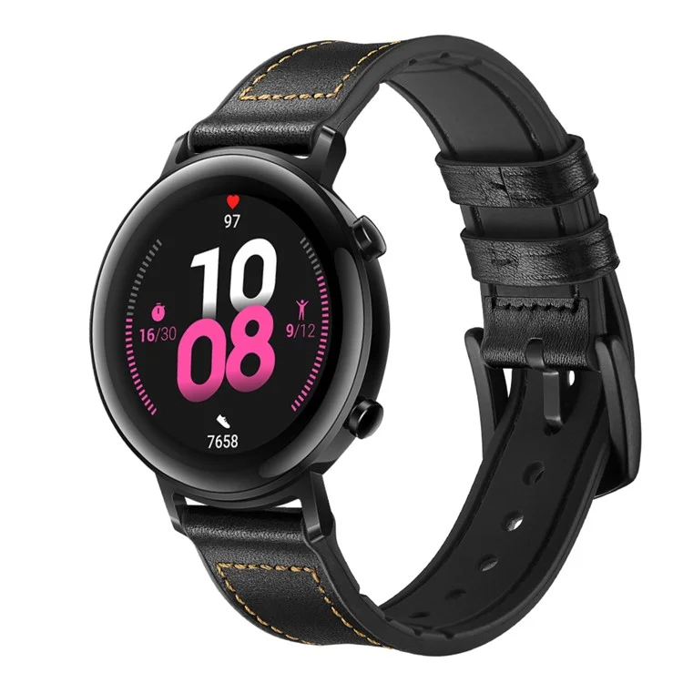 20mm Genuine Leather Silicone Coated Smart Watch Strap For Huawei Watch GT2 42mm - Black
