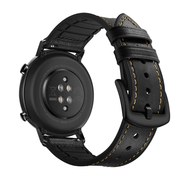 20mm Genuine Leather Silicone Coated Smart Watch Strap For Huawei Watch GT2 42mm - Black