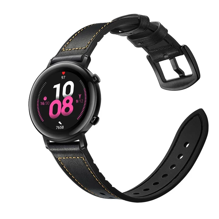 20mm Genuine Leather Silicone Coated Smart Watch Strap For Huawei Watch GT2 42mm - Black