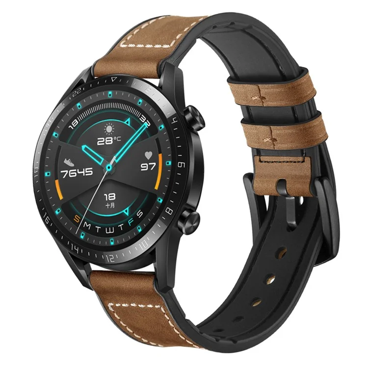 Para Huawei Watch GT 2 46mm Correa de reloj inteligente de cuero genuino de vaca con revestimiento de silicona 22mm - Marrón Oscuro
