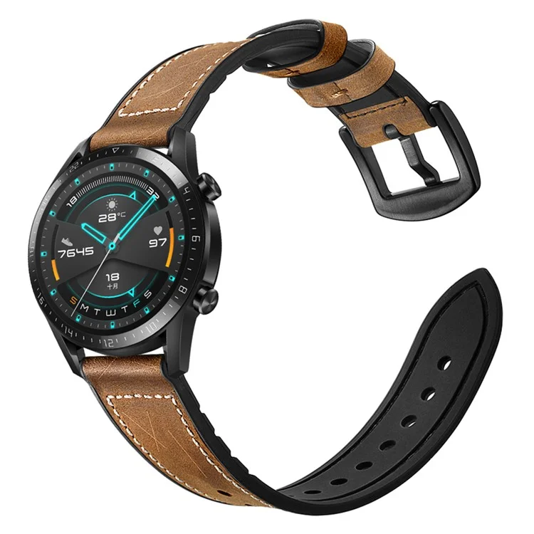 Para Huawei Watch GT 2 46mm Correa de reloj inteligente de cuero genuino de vaca con revestimiento de silicona 22mm - Marrón Oscuro