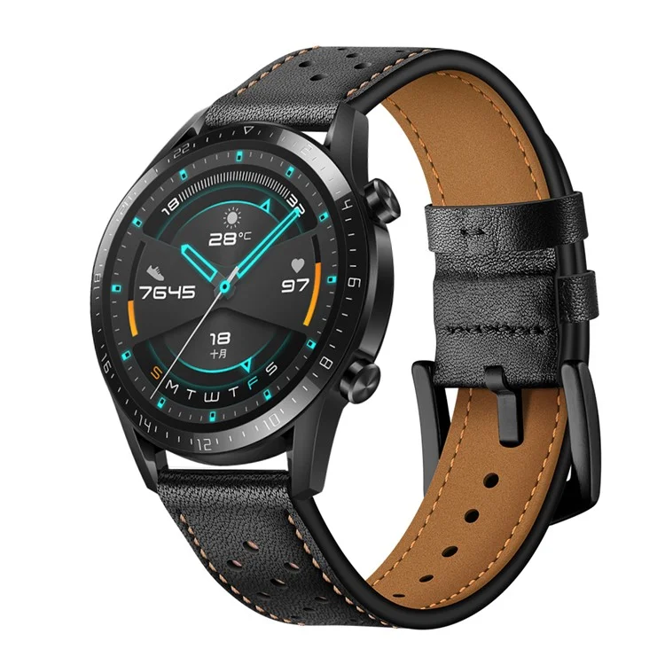 Löcher Design Echter Lederband Ersatzwache 22mm Für Huawei Uhr GT 2 46 mm - Schwarz