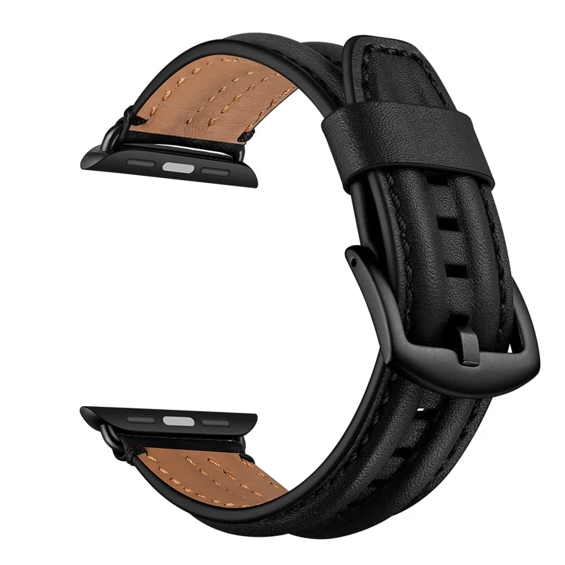 Armband aus Echtleder der Oberfläche für Apple Watch Ultra 3 2 1 49 mm / Series 11 10 46 mm / 9 8 7 45 mm / SE3 SE2 SE 6 5 4 44 mm / 3 2 1 42 mm – Schwarz