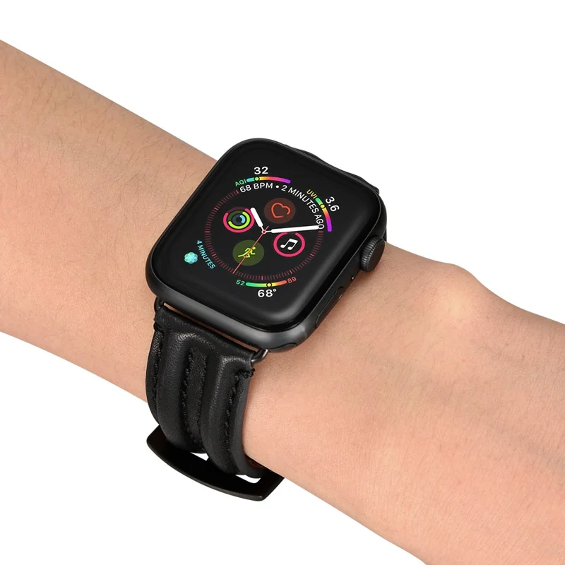 Armband aus Echtleder der Oberfläche für Apple Watch Ultra 3 2 1 49 mm / Series 11 10 46 mm / 9 8 7 45 mm / SE3 SE2 SE 6 5 4 44 mm / 3 2 1 42 mm – Schwarz