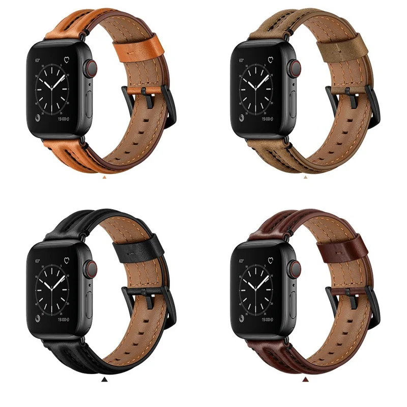 Armband aus Echtleder der Oberfläche für Apple Watch Ultra 3 2 1 49 mm / Series 11 10 46 mm / 9 8 7 45 mm / SE3 SE2 SE 6 5 4 44 mm / 3 2 1 42 mm – Schwarz