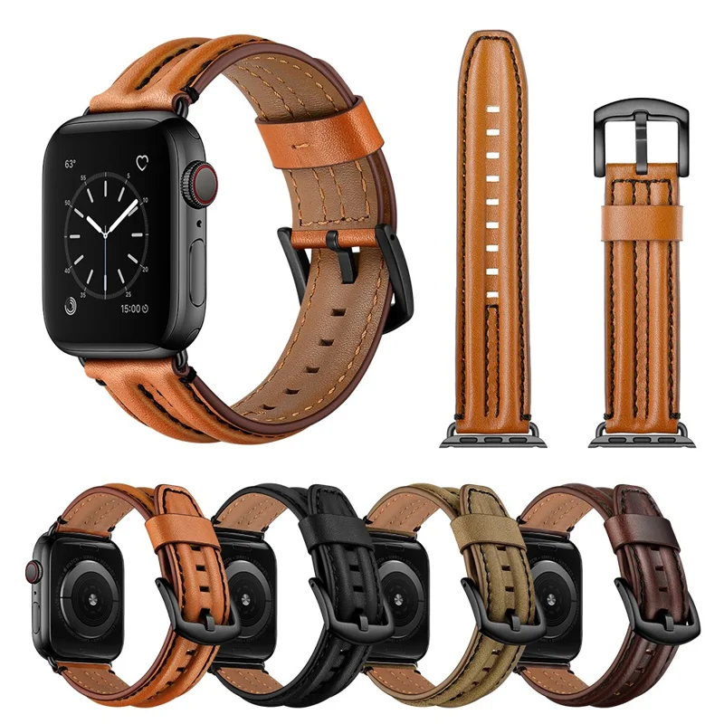 Armband aus Echtleder der Oberfläche für Apple Watch Ultra 3 2 1 49 mm / Series 11 10 46 mm / 9 8 7 45 mm / SE3 SE2 SE 6 5 4 44 mm / 3 2 1 42 mm – Schwarz