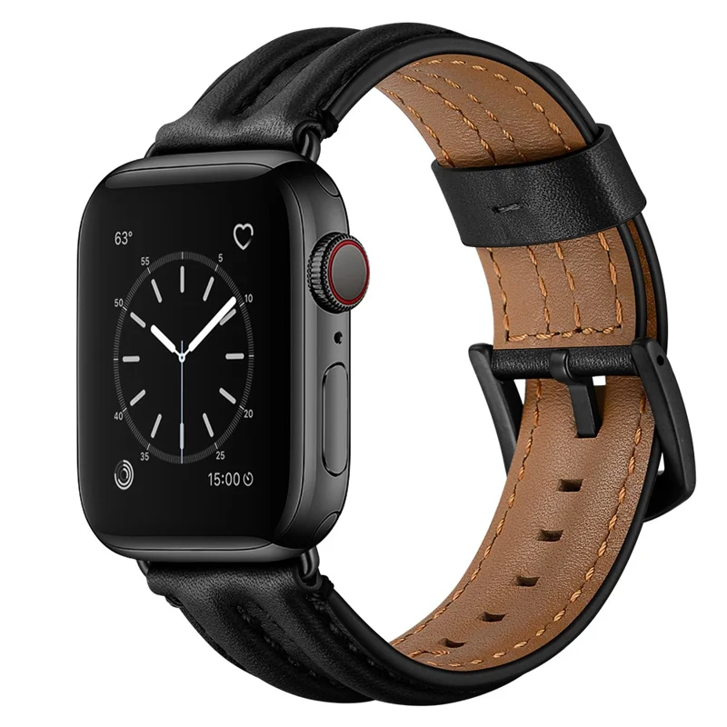 Armband aus Echtleder der Oberfläche für Apple Watch Ultra 3 2 1 49 mm / Series 11 10 46 mm / 9 8 7 45 mm / SE3 SE2 SE 6 5 4 44 mm / 3 2 1 42 mm – Schwarz