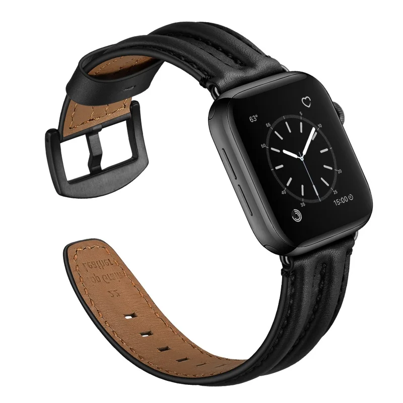 Armband aus Echtleder der Oberfläche für Apple Watch Ultra 3 2 1 49 mm / Series 11 10 46 mm / 9 8 7 45 mm / SE3 SE2 SE 6 5 4 44 mm / 3 2 1 42 mm – Schwarz