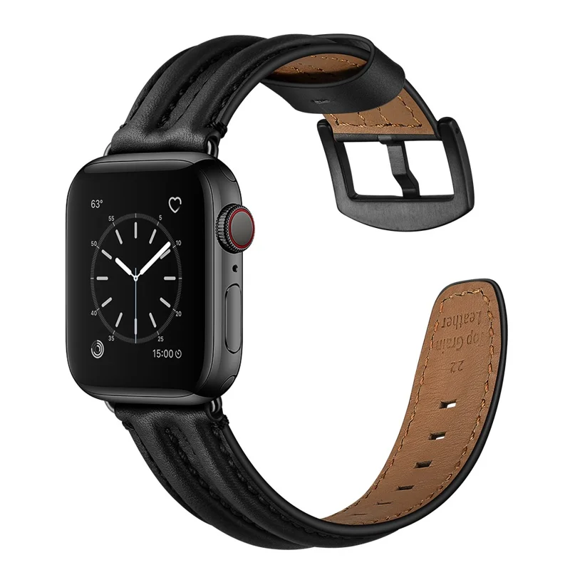Armband aus Echtleder der Oberfläche für Apple Watch Ultra 3 2 1 49 mm / Series 11 10 46 mm / 9 8 7 45 mm / SE3 SE2 SE 6 5 4 44 mm / 3 2 1 42 mm – Schwarz