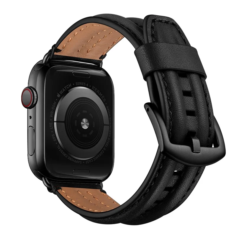 Armband aus Echtleder der Oberfläche für Apple Watch Ultra 3 2 1 49 mm / Series 11 10 46 mm / 9 8 7 45 mm / SE3 SE2 SE 6 5 4 44 mm / 3 2 1 42 mm – Schwarz