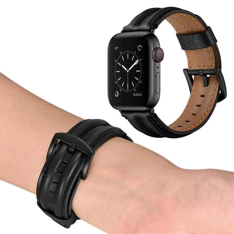 Armband aus Echtleder der Oberfläche für Apple Watch Ultra 3 2 1 49 mm / Series 11 10 46 mm / 9 8 7 45 mm / SE3 SE2 SE 6 5 4 44 mm / 3 2 1 42 mm – Schwarz