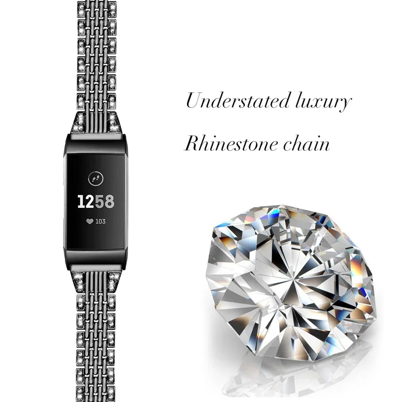 Zinc Alloy with Rhinestone Decor Watch Band for Fitbit Charge 4/3 - Black
