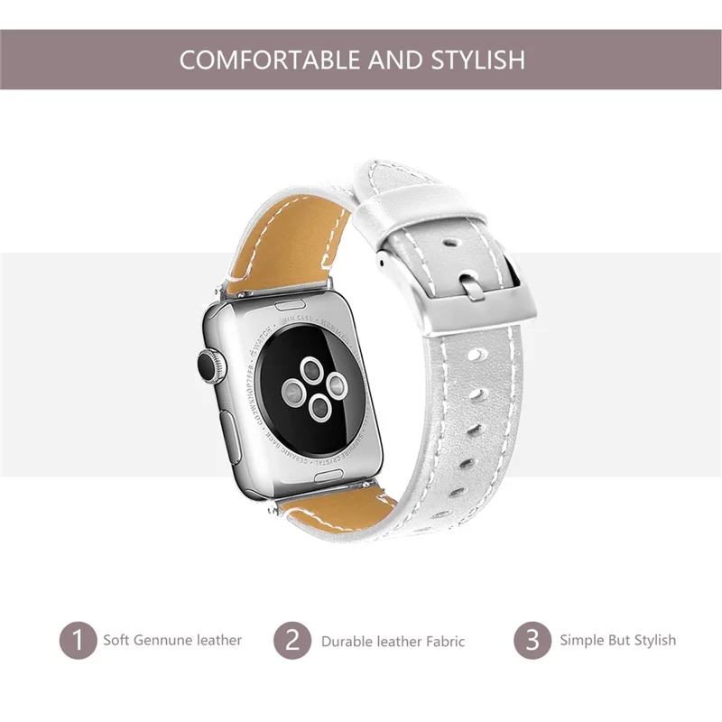 Classical Buckle Genuine Leather Watch Strap for Apple Watch Series 11 10 42mm / 9 8 7 41mm / SE3 SE2 SE 6 5 4 40mm / 3 2 1 38mm - White
