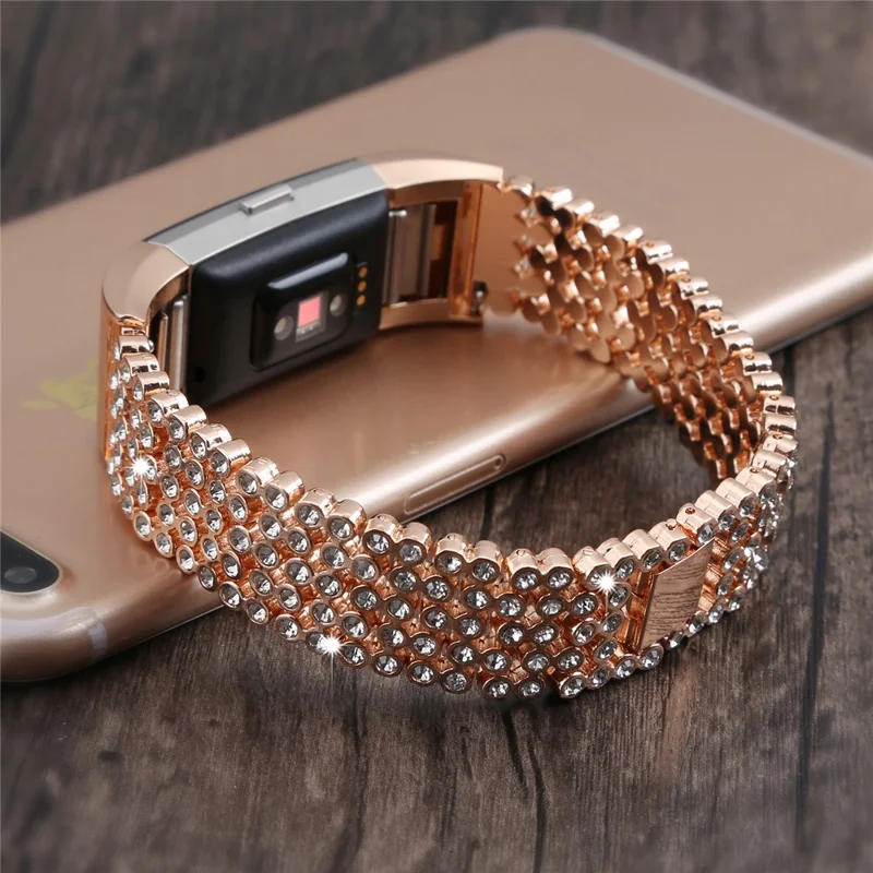 Metal Rhinestone Decor Watch Band for Fitbit Charge 2 - Rose Gold