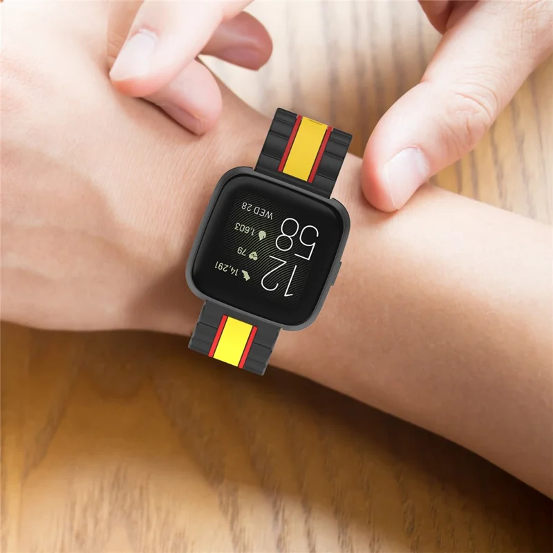 Wavy Square Textured Silicone Watch Band Strap for Fitbit Versa/2/Lite - Black/Red/Yellow